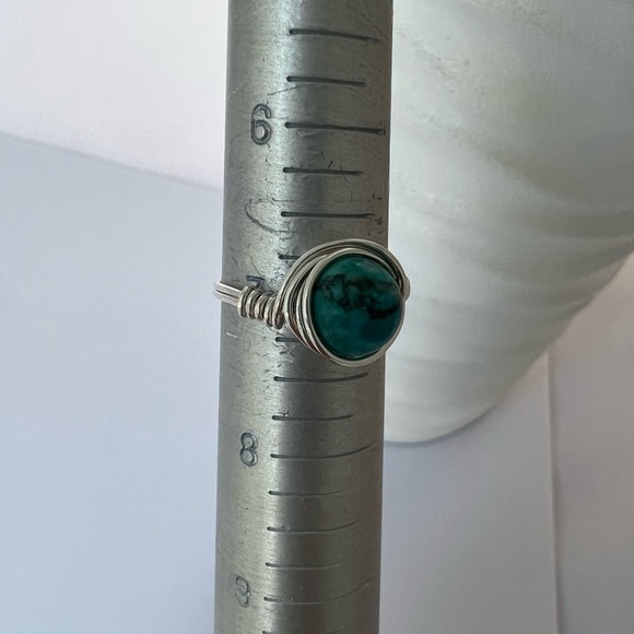 Cyan Blue Turquoise Sterling Silver Wire Wrap Ring - Picture 5 of 12